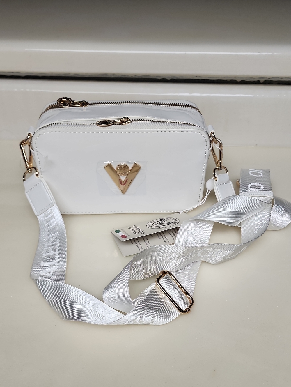 Valentino Orlandi White Crossbody Camera Bag with Gold Hardware